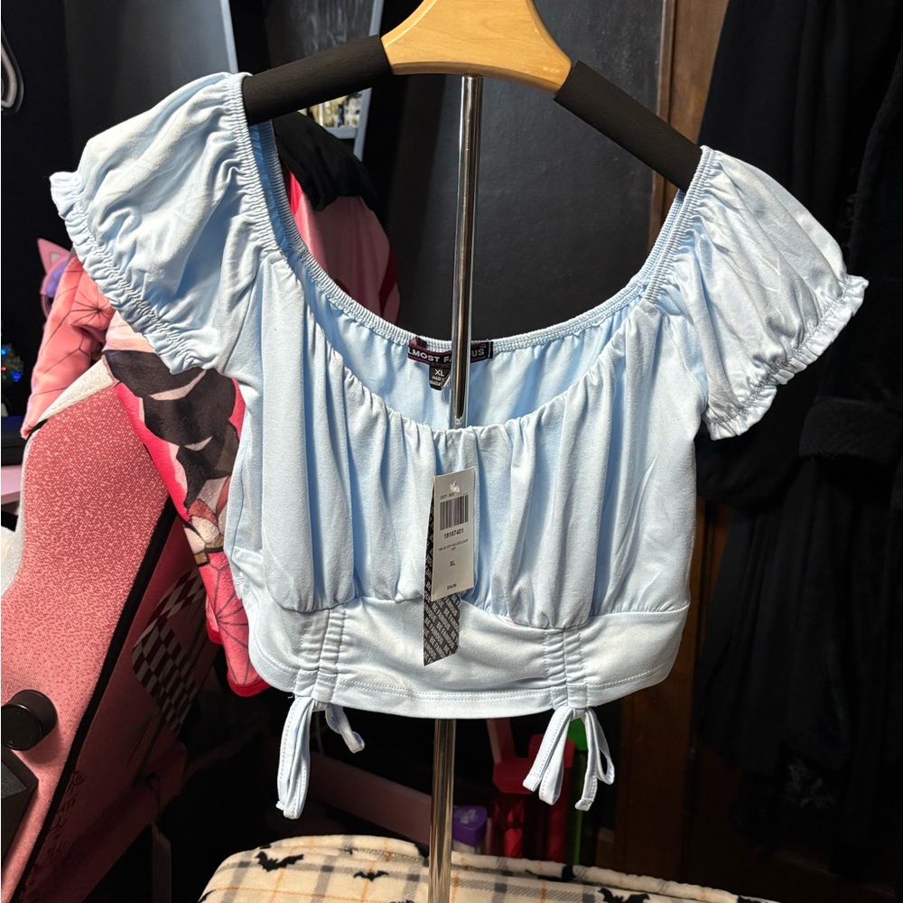 Hot Topic Blue Ruched Crop Top with Tie Front